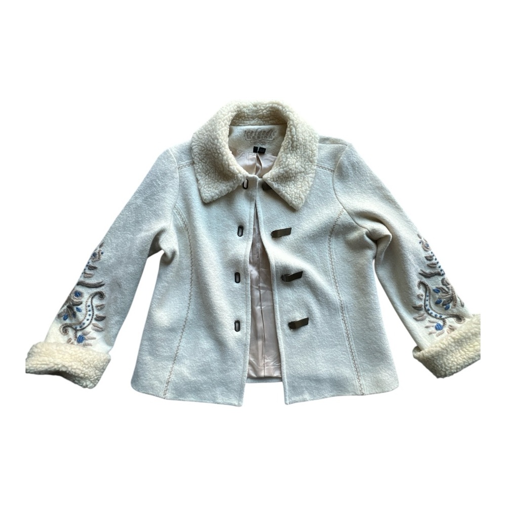 Vintage style Icelandic white wool embroidered jacket Sherpa collar & cuffs Sz L